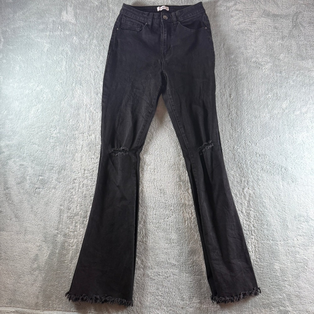 YMI Black High Rise Flare Jeans Distressed Ripped Knee Frayed Hem Size 7/28